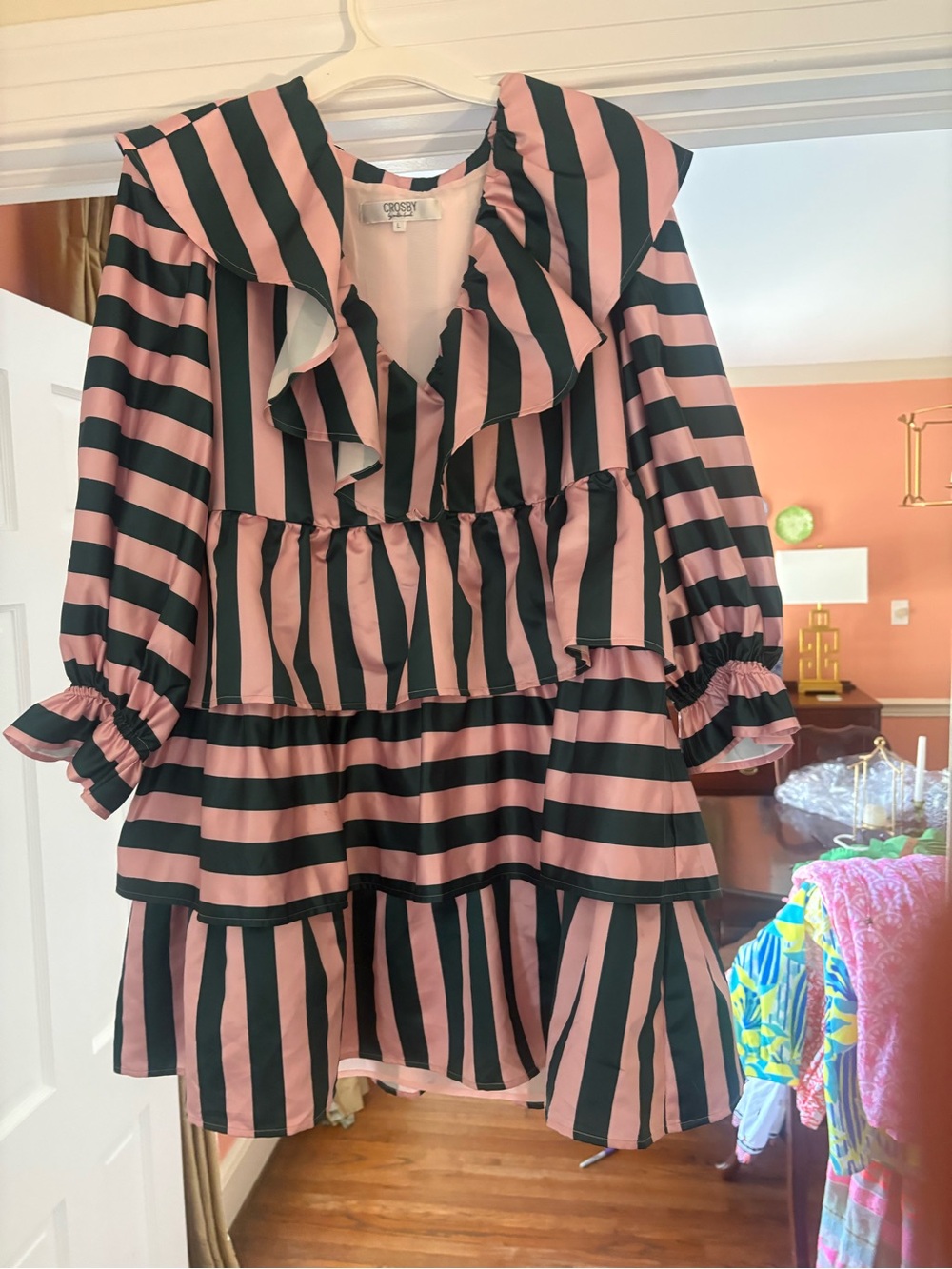 CROSBY by Mollie Burch Black and Pink Striped Ruffle Tiered Dress